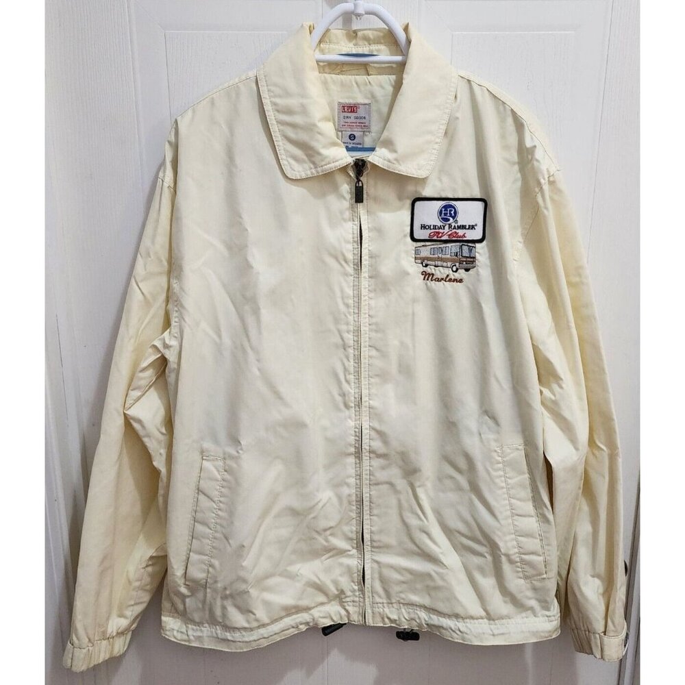 Vintage Levi's Dry Goods Cream Nylon Shell RV Club Patch Jacket Men's Size Small